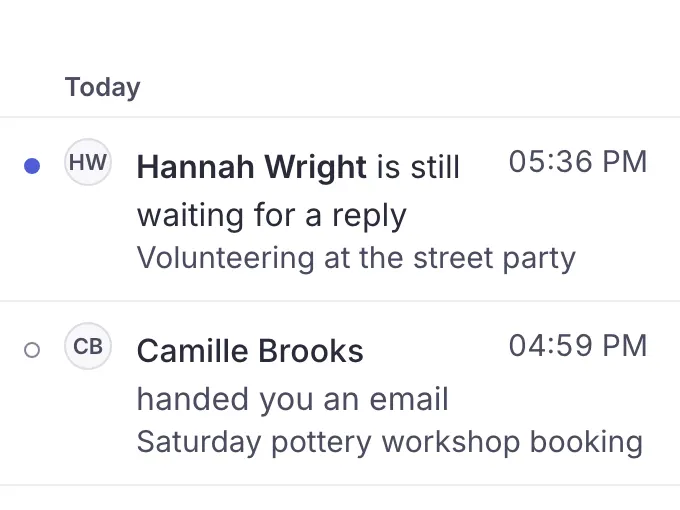 The Notifications view on a phone, with two notifications: Hannah Wright is still waiting for a reply, and Camille Brooks handed you an email.