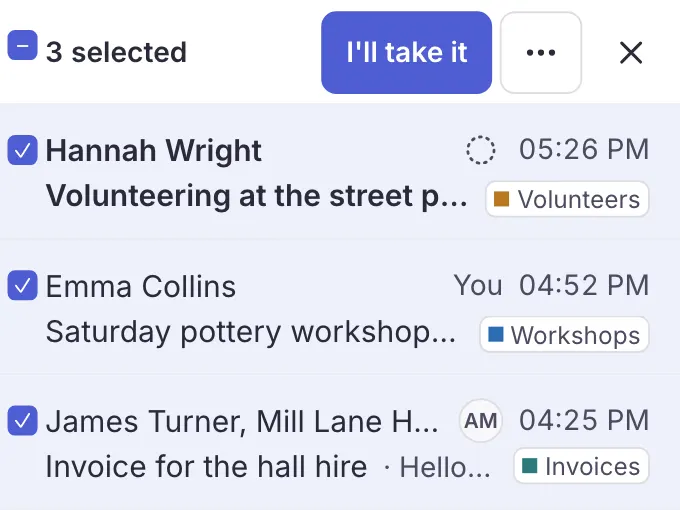 Several selected emails and the bulk actions toolbar.
