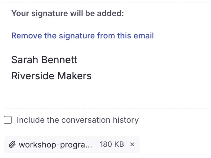 A reply being written with an attachment and the signature preview.