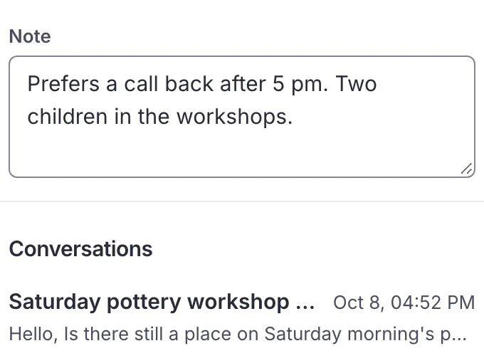 A contact with a shared note from the team.