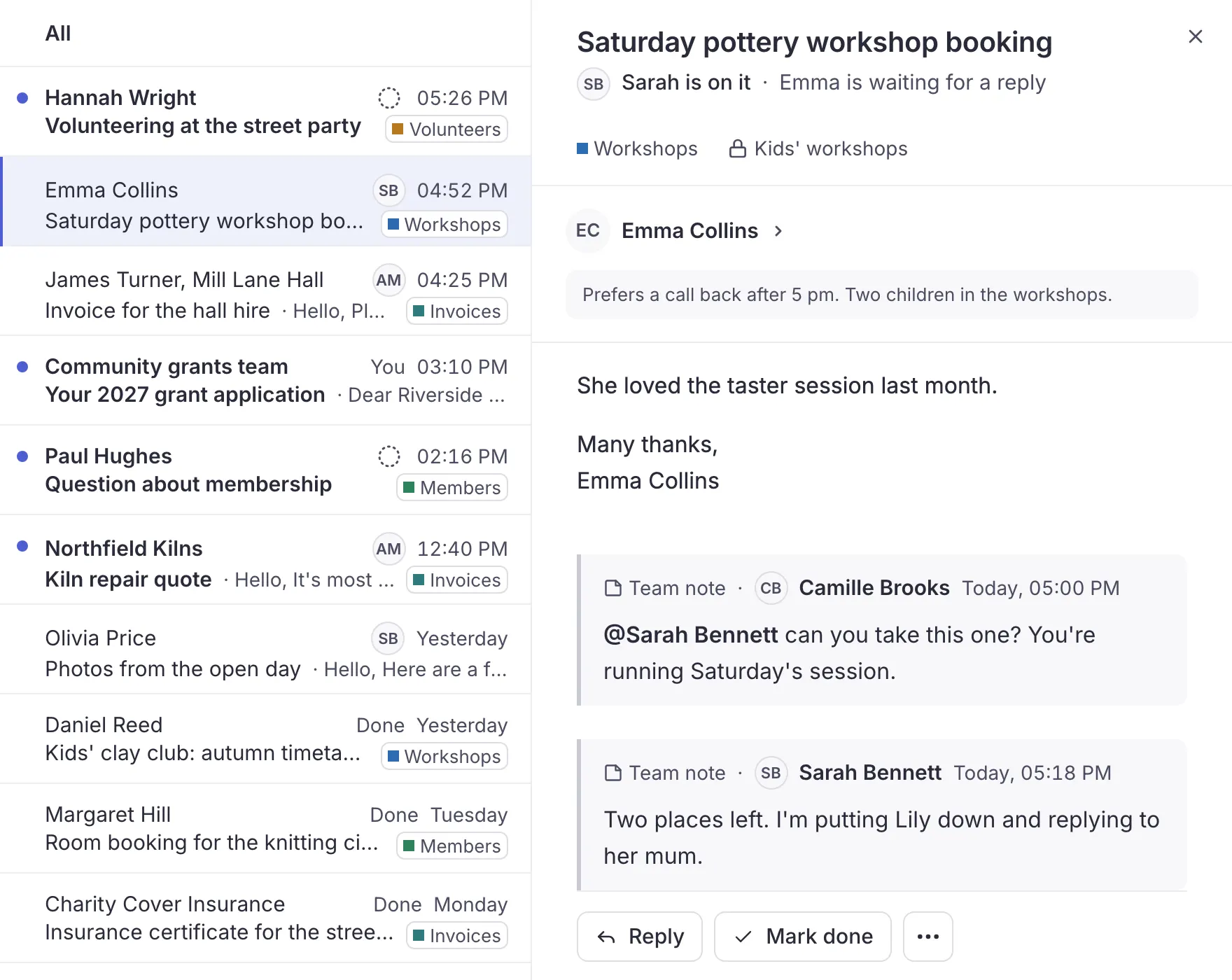 The list of emails in Trupeo, each with its state or the initials of the person who is on it, and beside it an open email with two team notes.