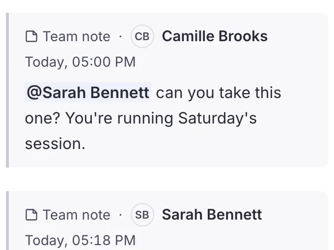 A team note in a conversation mentioning a member.